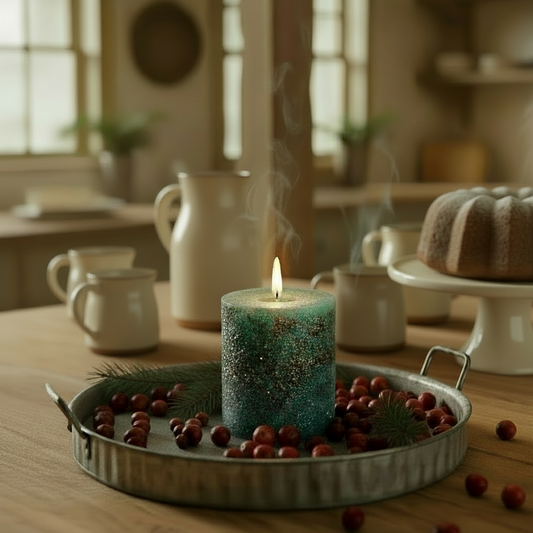 Cozy kitchen scene with a candle and baked goods on a wooden table.