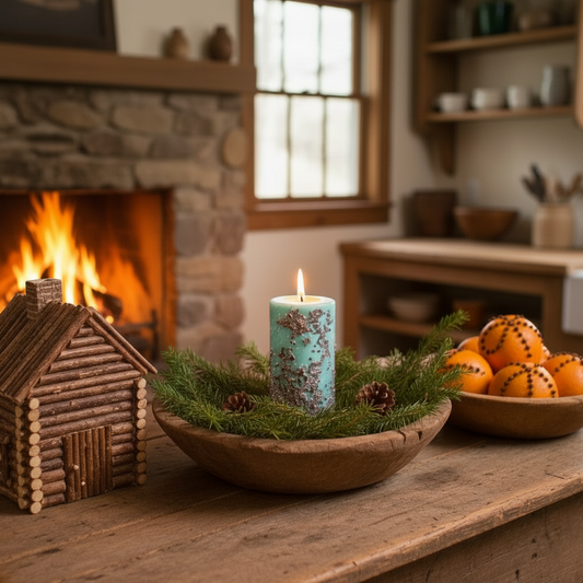 Decorative setup on a wooden table with a candle, house model, and pumpkins in a cozy room.