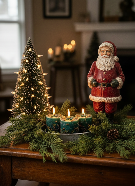 Decorative setup with a small Christmas tree, candles, and a Santa Claus figurine on a wooden table.