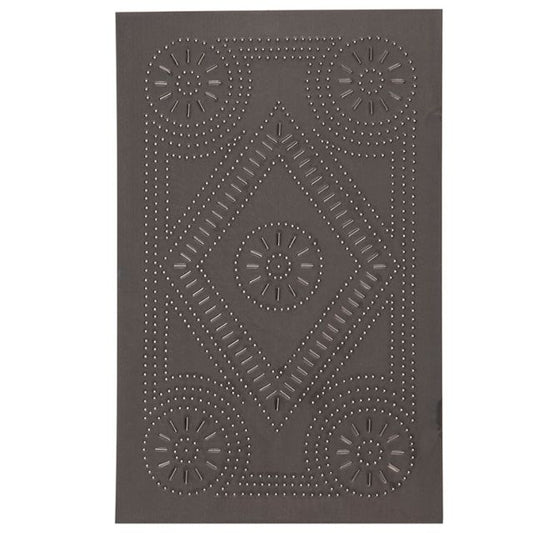 A cabinet door with an extended diamond panel design in a kettle black finish.