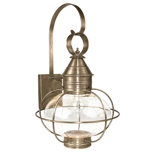 Vintage-style wall-mounted light fixture with glass cage on a white background