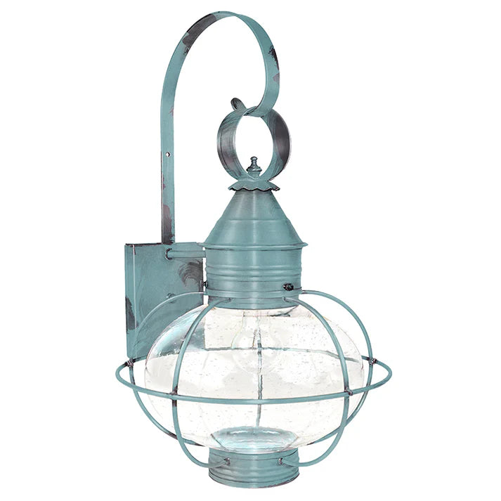 Vintage-style wall lantern with metal cage and blue finish on a white background