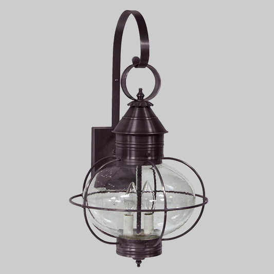 Vintage-style outdoor wall light fixture with clear glass shade on a white background