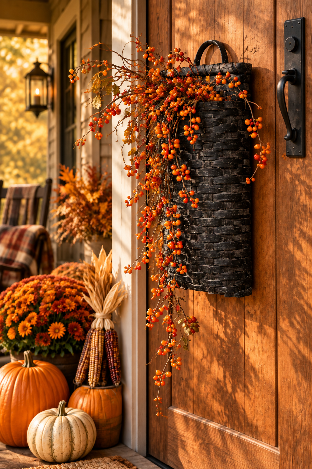 Basket with bittersweet hanging from a door of a porch decorated for Fall.