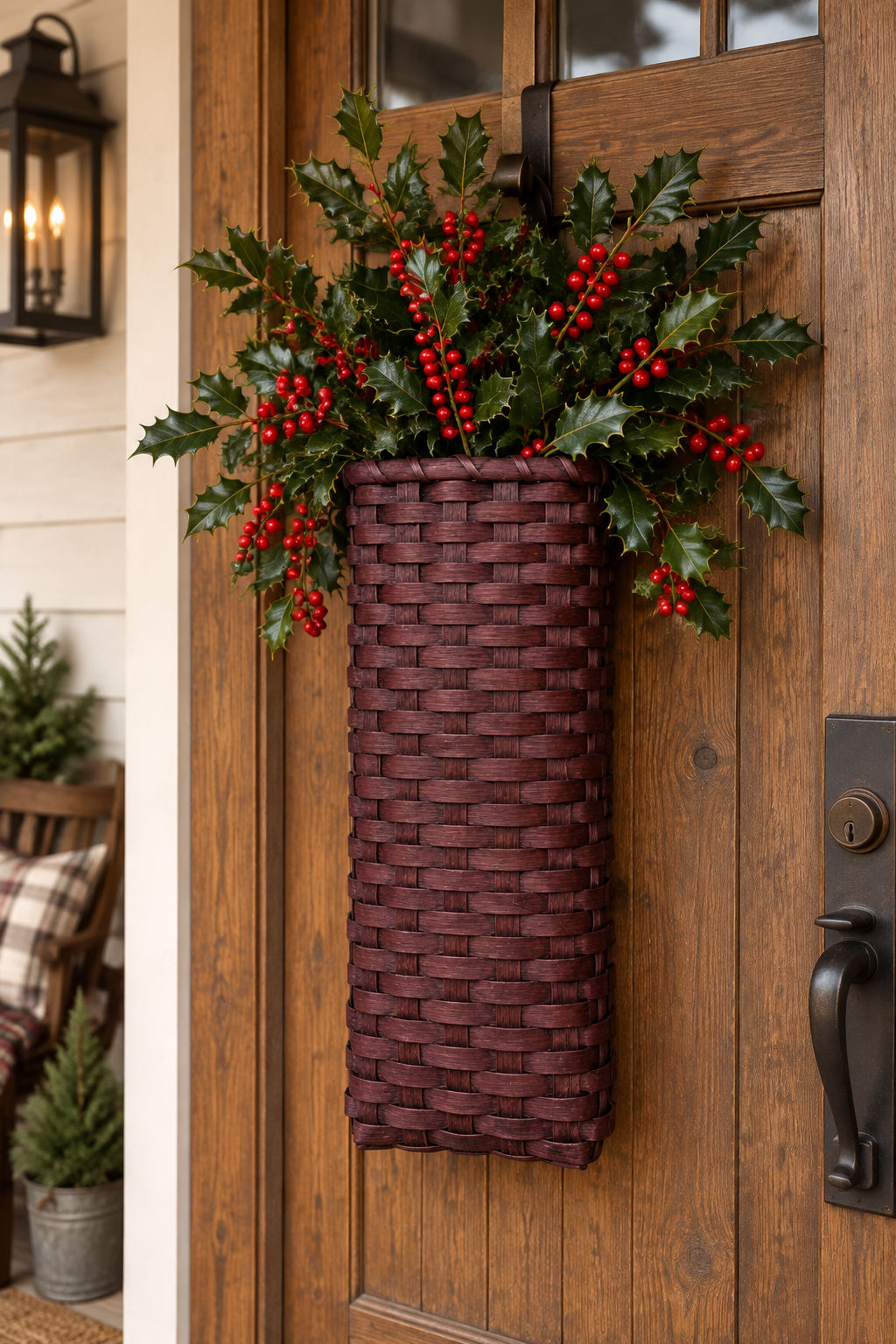 Basket with holly greens hanging on a wooden door.