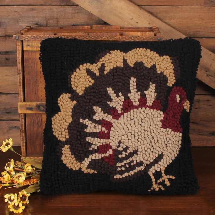Turkey Time Wool Hooked Pillow