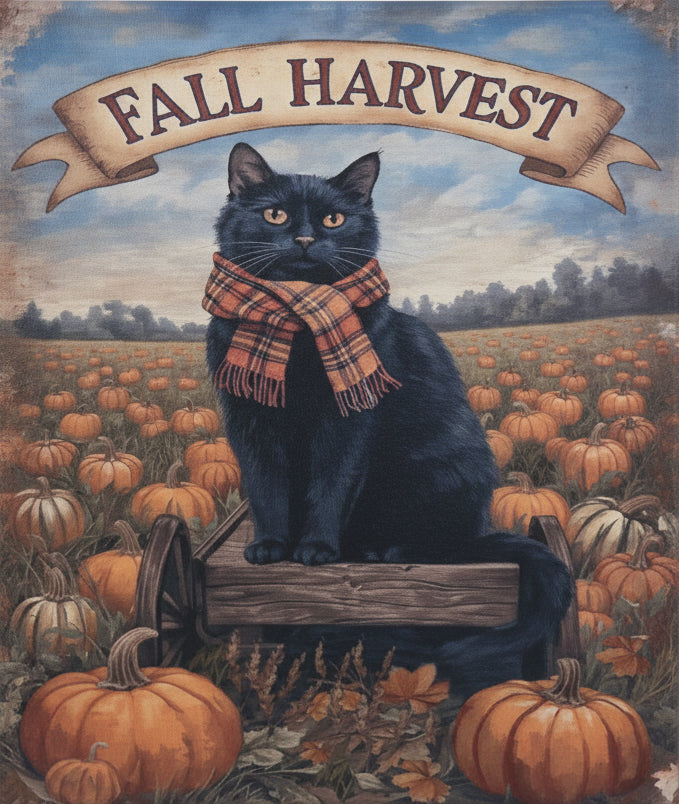 A rectangular decorative sign featuring a black cat wearing a plaid scarf among pumpkins, with a banner reading “FALL HARVEST,” displayed against a rustic wooden background.