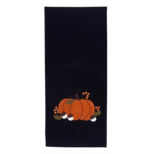 A black hand towel with a fall pumpkin and acorn design.