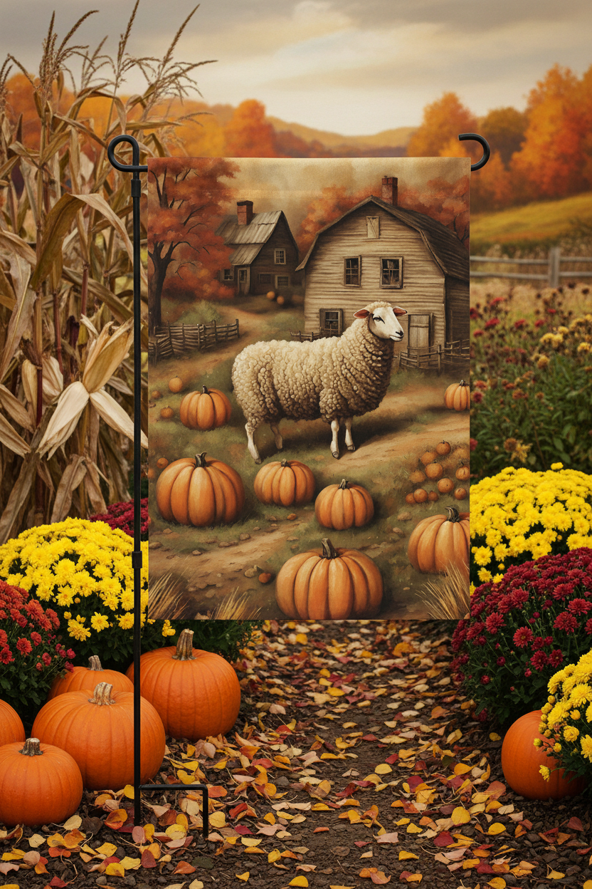 Garden flag with sheep in a fall garden at a farm.