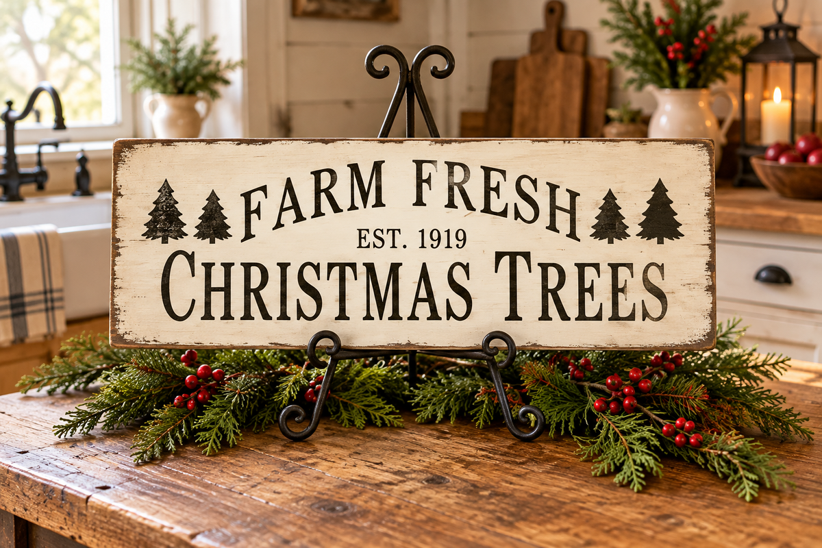 A rustic wooden sign reading “FARM FRESH CHRISTMAS TREES EST. 1919” with black tree silhouettes, displayed on a black metal stand over a holiday garland with red berries on a wooden table in a cozy kitchen setting.