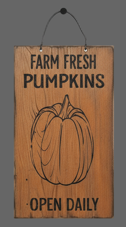 Wooden sign with a pumpkin illustration and text 'Farm Fresh Pumpkins Open Daily' on a gray background