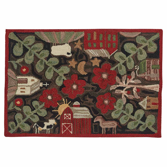 A hooked rug featuring a farm life theme with various farm animals and a rural landscape.