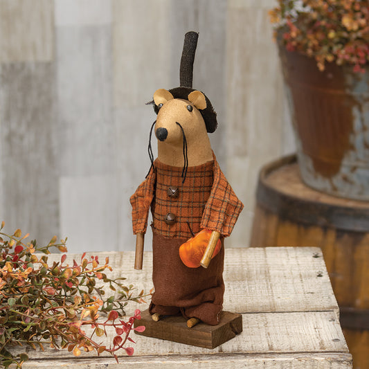 Farmer plaid mouse with black hat holding a pumpkin on a wooden base