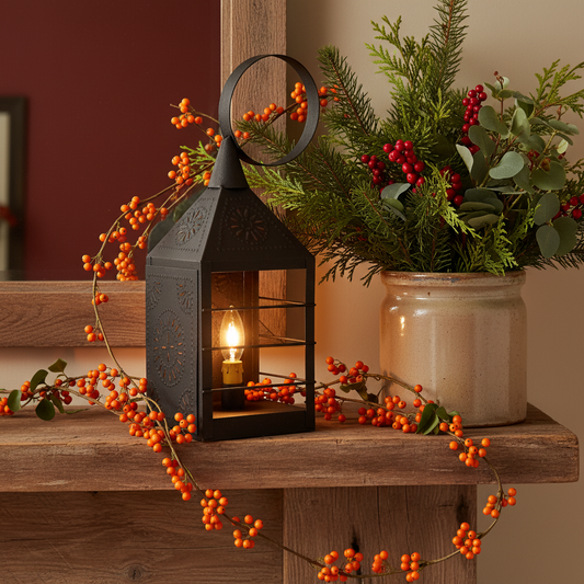 Decorative lantern with lit candle on a wooden surface with berries and greenery.