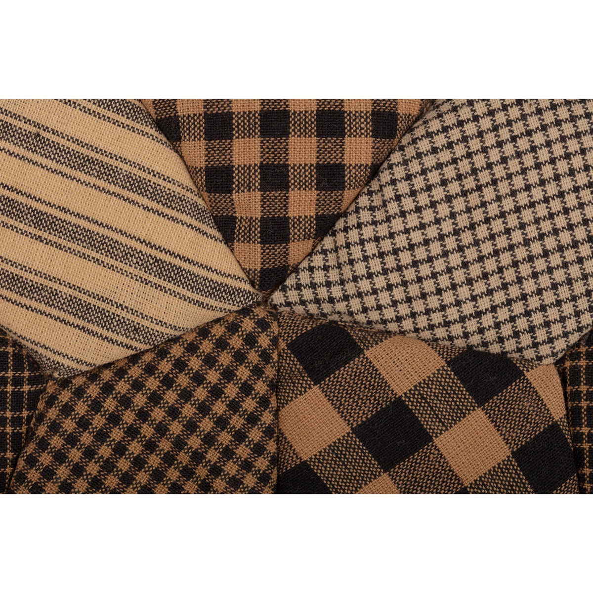 Collection of checkered and striped fabric patterns in brown and black.