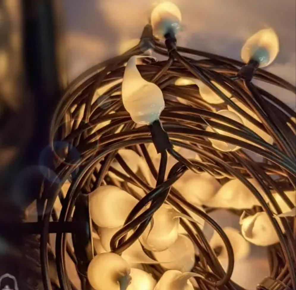 A close-up image of a strand of silicone string lights with visible LED lights glowing in the dark.