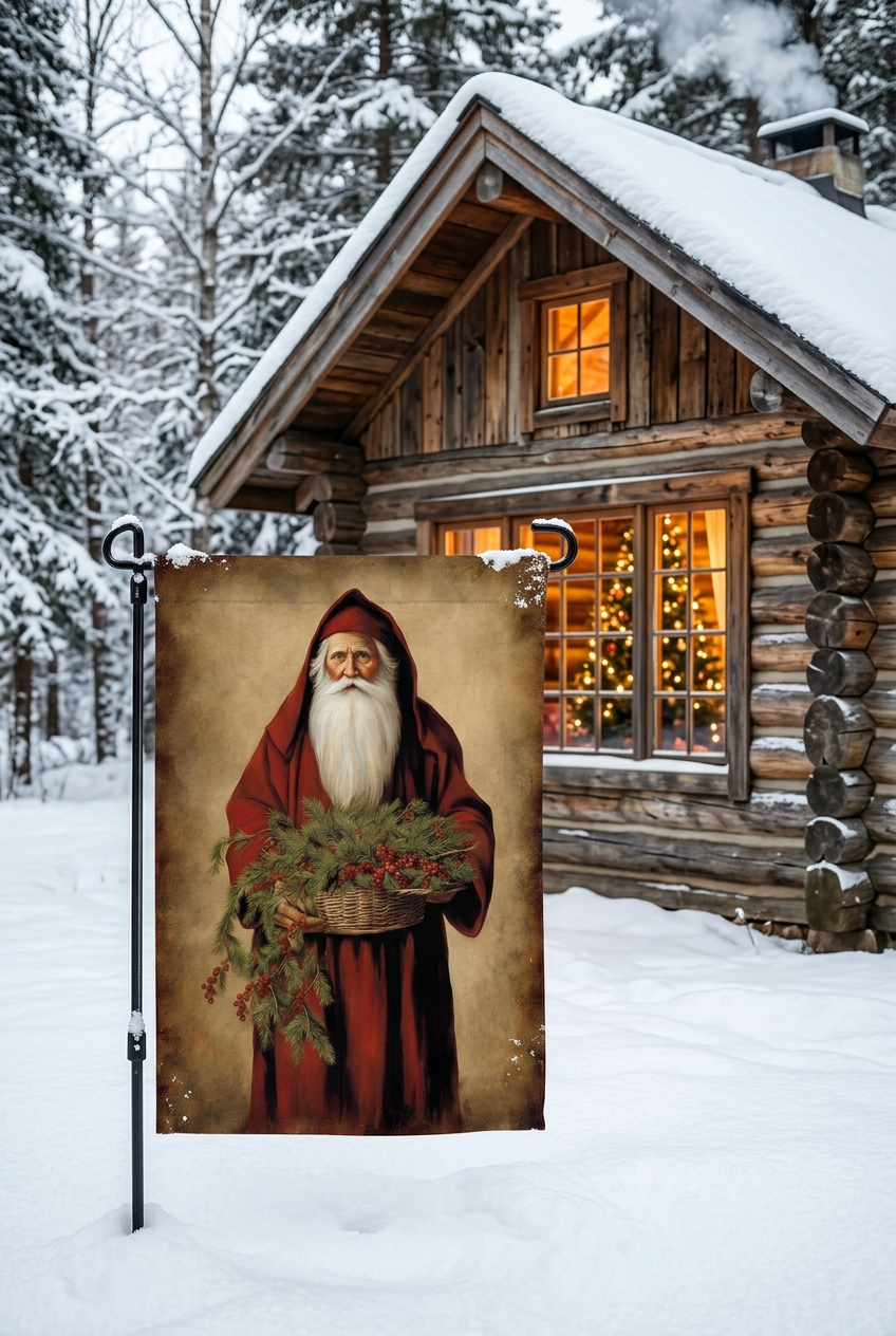 Father Christmas garden flag featuring a white-bearded Santa in a burgundy hooded robe holding a basket of evergreen branches and red berries on a snow covered lawn in front of a log cabin.