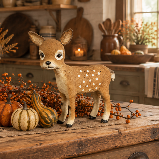 Handmade figurine of a doe in a primitive kitchen with gourds and bittersweet.