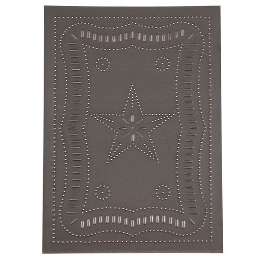 A rectangular, black-colored cabinet panel with a pierced design featuring a star and other geometric shapes, and a punch pattern around the edges.