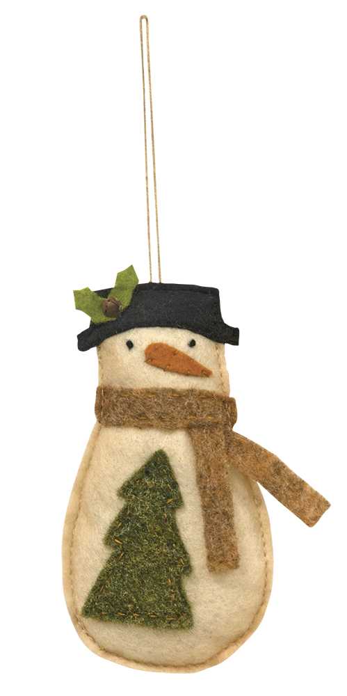 Felt snowman ornament with a tree, scarf, and hat on a white background
