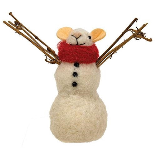 A plush felt snowman ornament with twig arms and a red scarf, designed as a Christmas decoration.