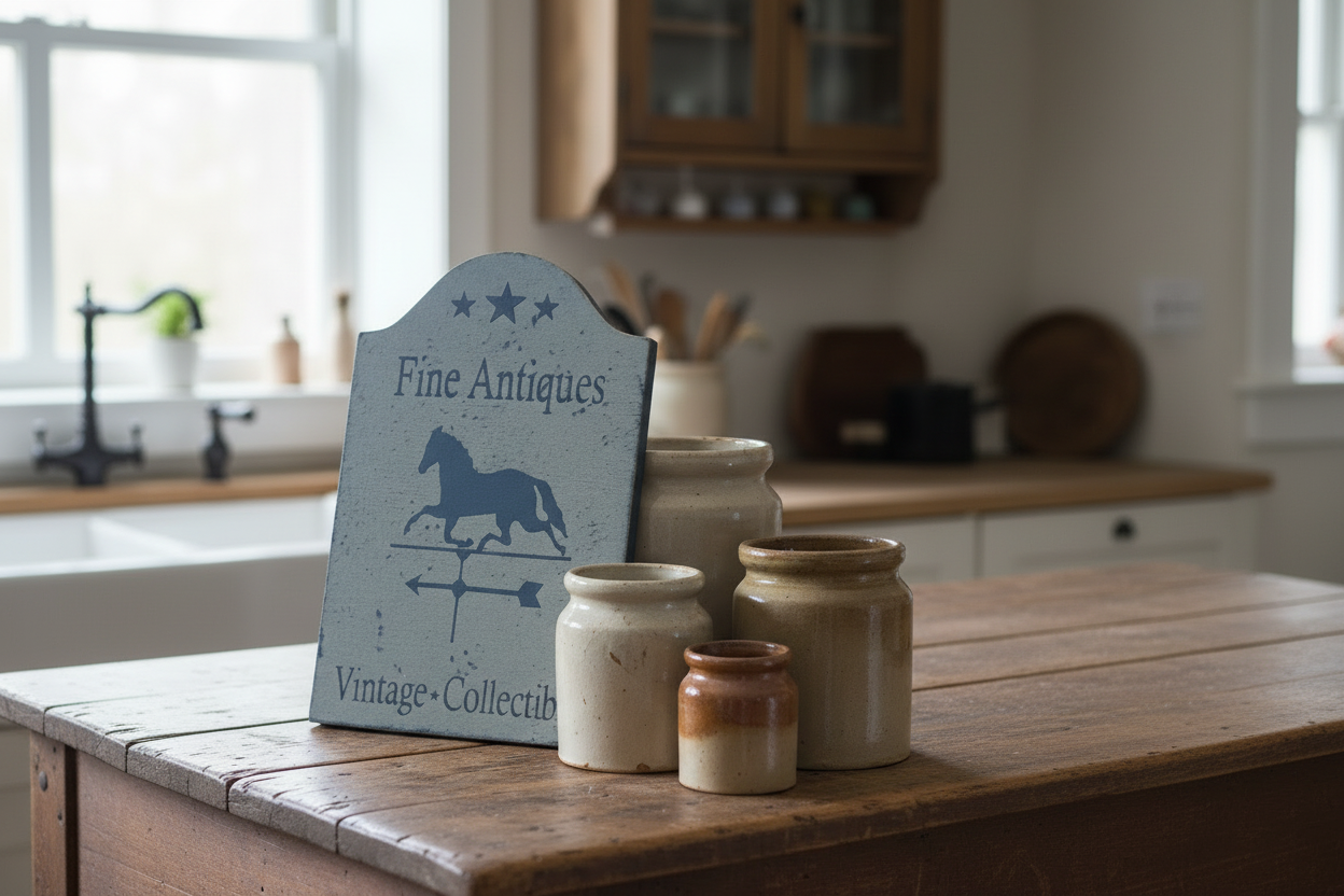 Vintage-style 'Fine Antiques' sign with ceramic jars on a wooden table.