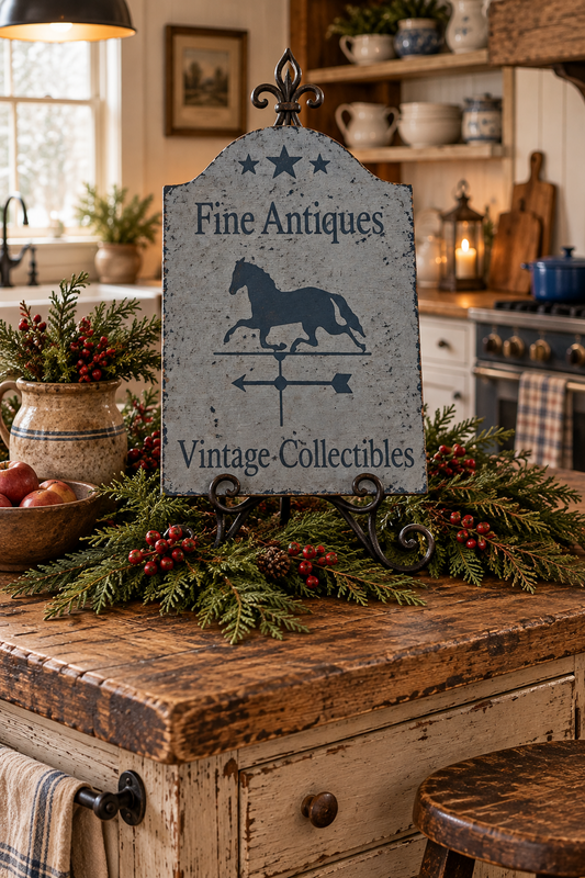 A decorative rustic sign reading 'Fine Antiques' and 'Vintage Collectibles' with a horse emblem, displayed on a wooden kitchen island surrounded by holiday greenery and berries.