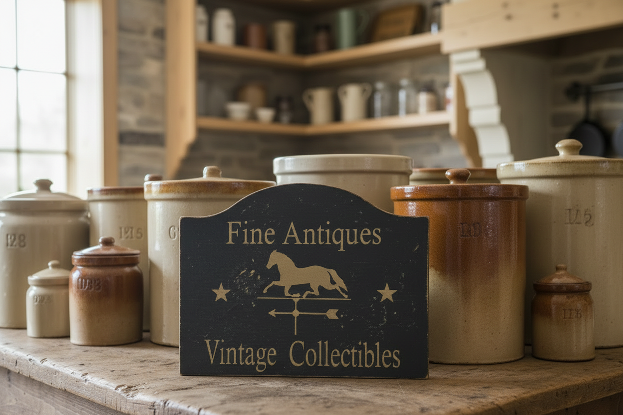 Collection of vintage jars on a wooden shelf with a 'Fine Antiques Vintage Collectibles' sign.