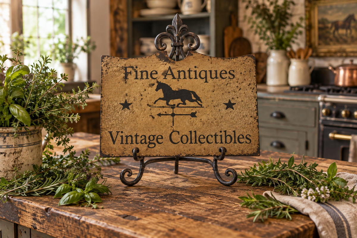A rustic decorative sign reading 'Fine Antiques Vintage Collectibles' with a horse emblem, displayed on a black metal easel stand on a wooden table in a cozy, softly blurred kitchen setting with herbs and pottery around it.