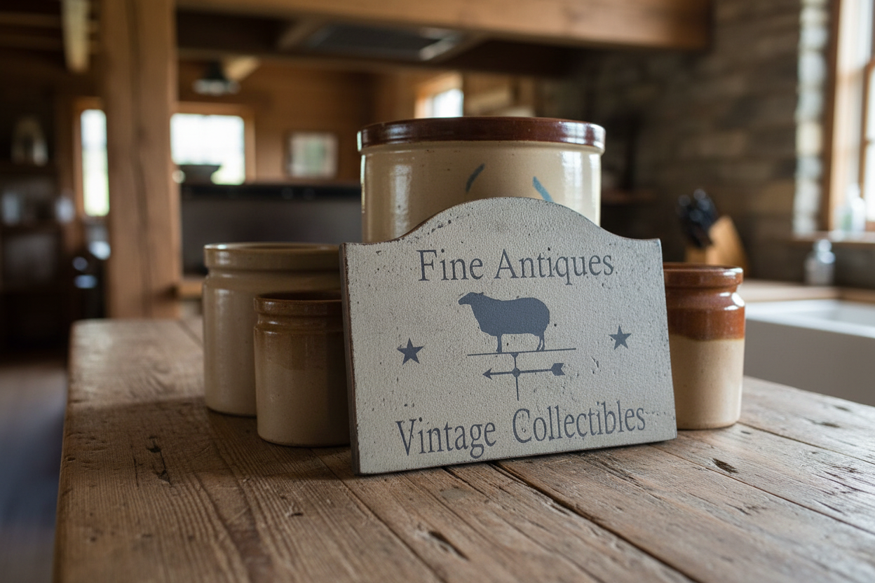 Decorative sign on a wooden table with jars in a rustic setting
