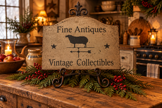 A rustic decorative sign reading 'Fine Antiques Vintage Collectibles' with a sheep and compass design, displayed on a wooden table in a warmly lit antique shop or home interior with candles, greenery, and red berries.