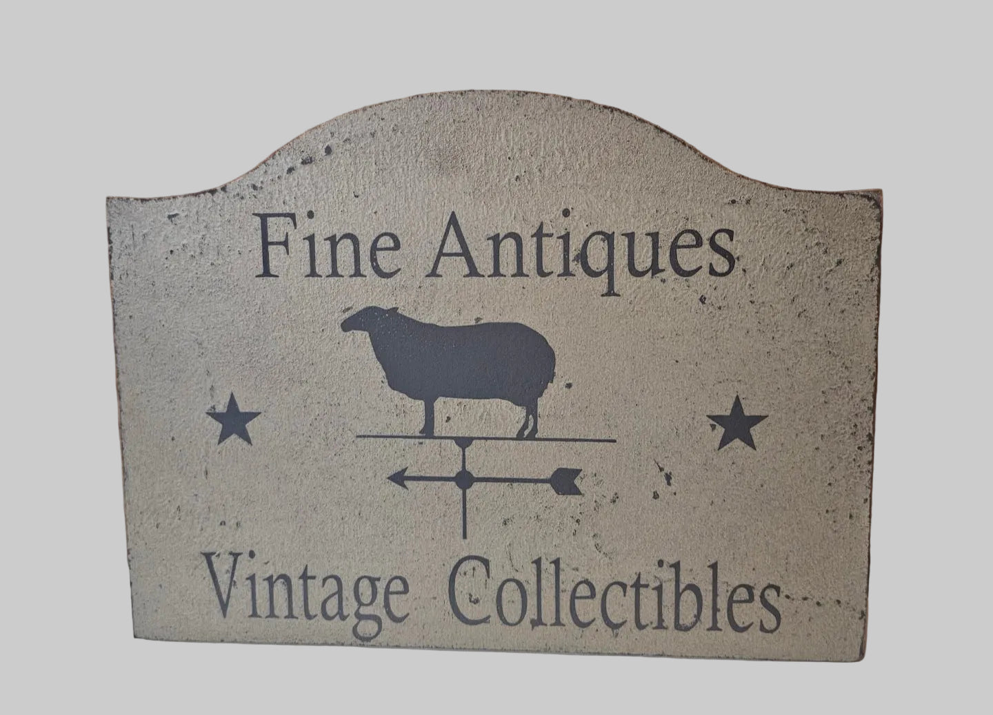 Vintage-style sign with 'Fine Antiques' and 'Vintage Collectibles' text on a gray background