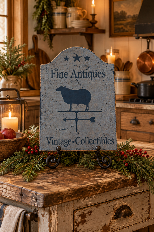 A rustic decorative sign with an arched top and weathered gray-blue stone look, featuring the text 'Fine Antiques' and 'Vintage Collectibles' with a dark blue sheep weathorn silhouette in the center. The sign is displayed on a black metal stand on a distressed wooden table in a cozy, warmly lit rustic kitchen setting decorated with greenery and candles.