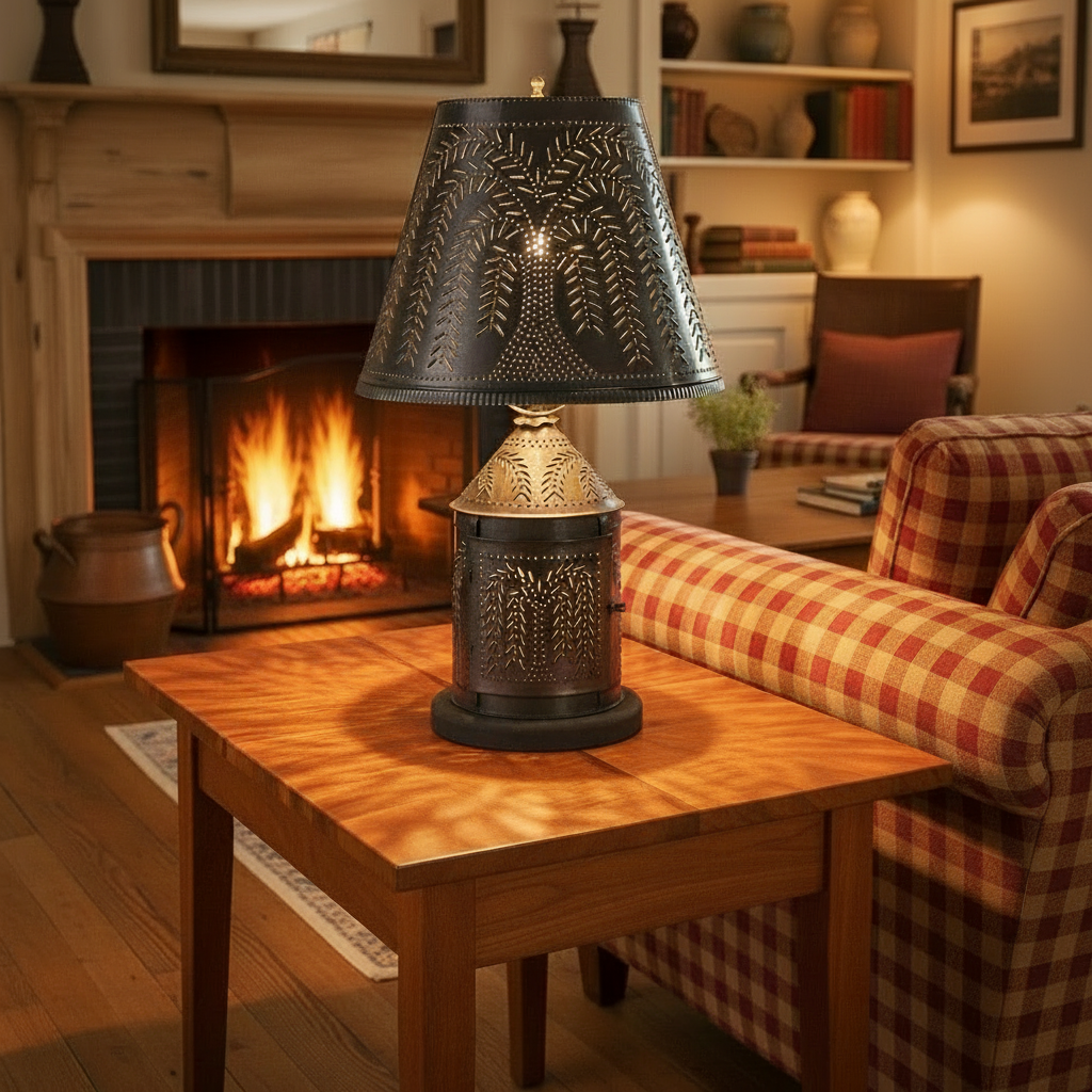 Punched tin willow lamp sitting on end table next to checked sofa in colonial home setting.
