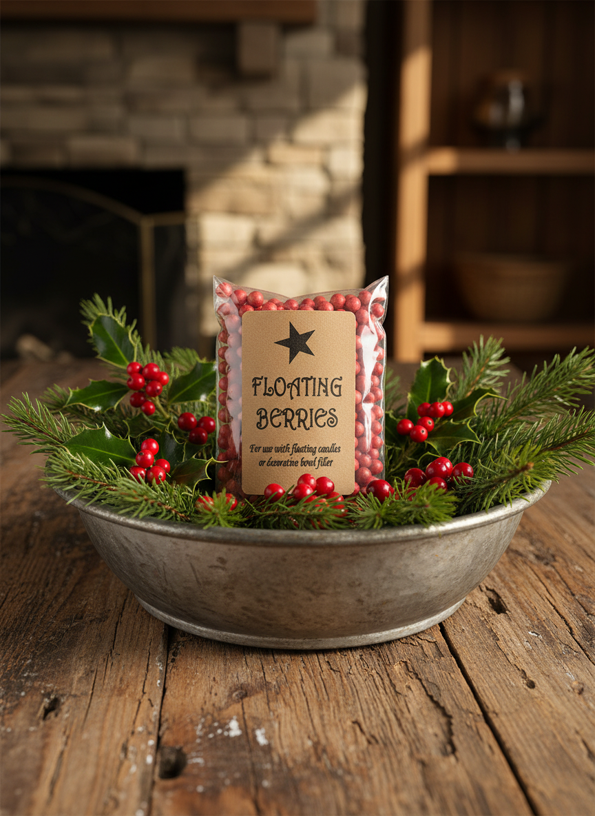 Decorative arrangement with floating berries and a star-shaped candle in a metal bowl on a wooden surface.