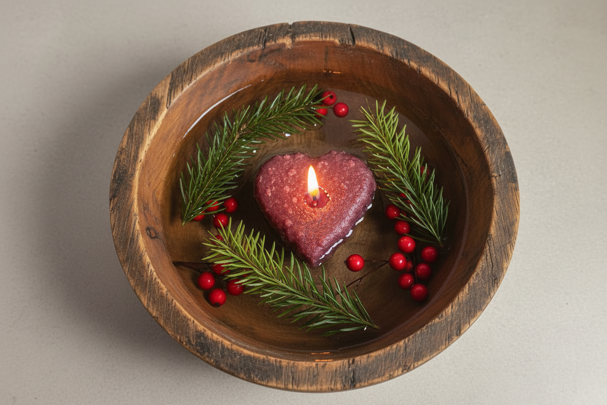 Heart-shaped candle in a wooden bowl with greenery and berries on a neutral background