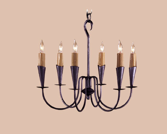 A wrought iron chandelier with six lights, featuring a dark color and a classic design.