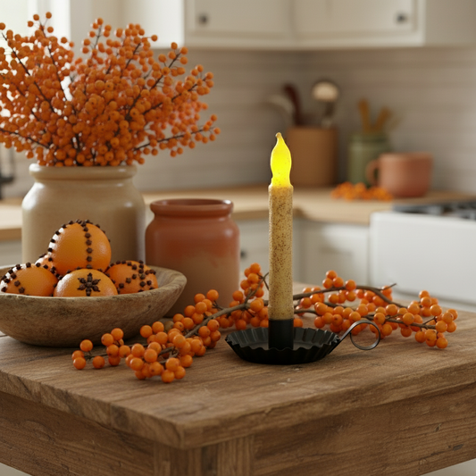 Decorative candle and berries on a kitchen counter with a bowl of small pumpkins.