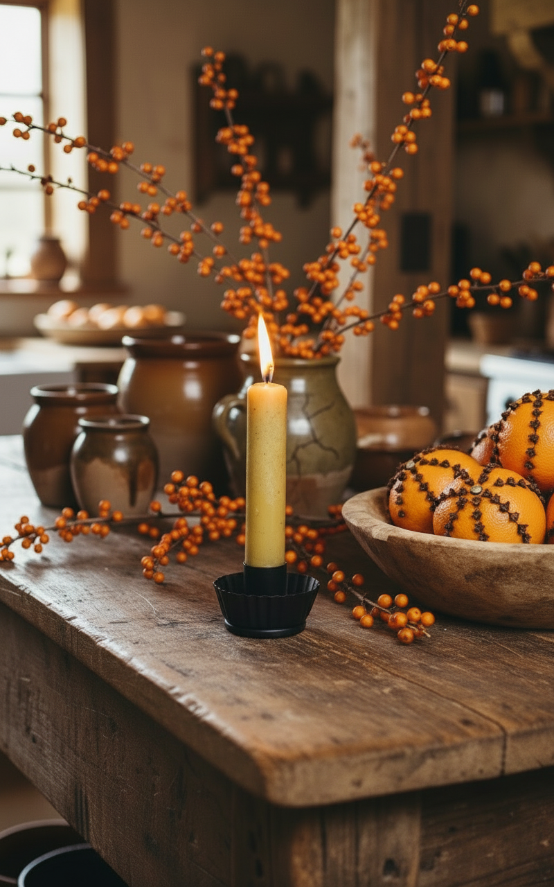 Candle on a wooden table with autumn decorations including berries and pumpkins.