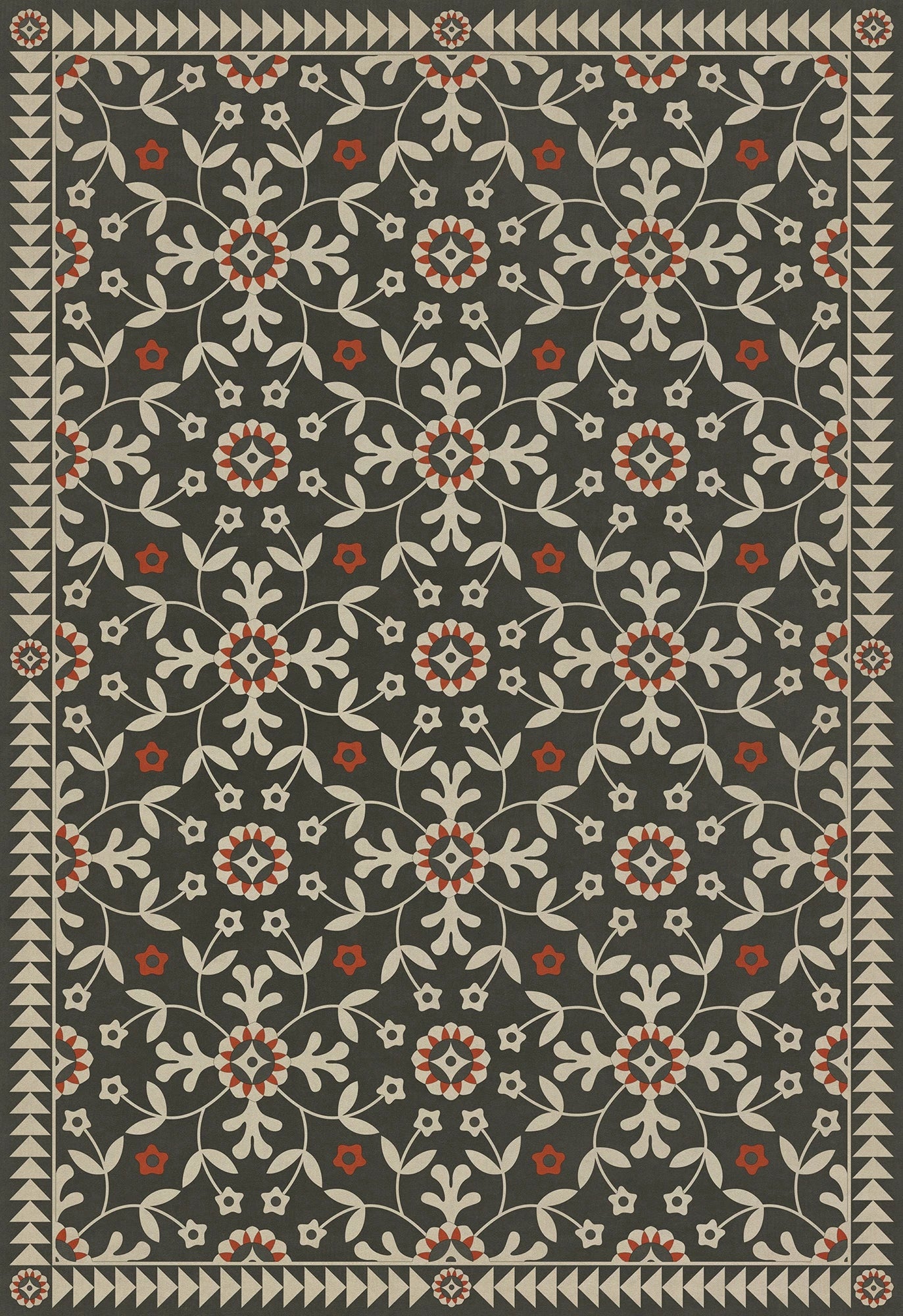 A rectangular vinyl floor cloth with a floral pattern, predominantly in shades of gray, black, and red.