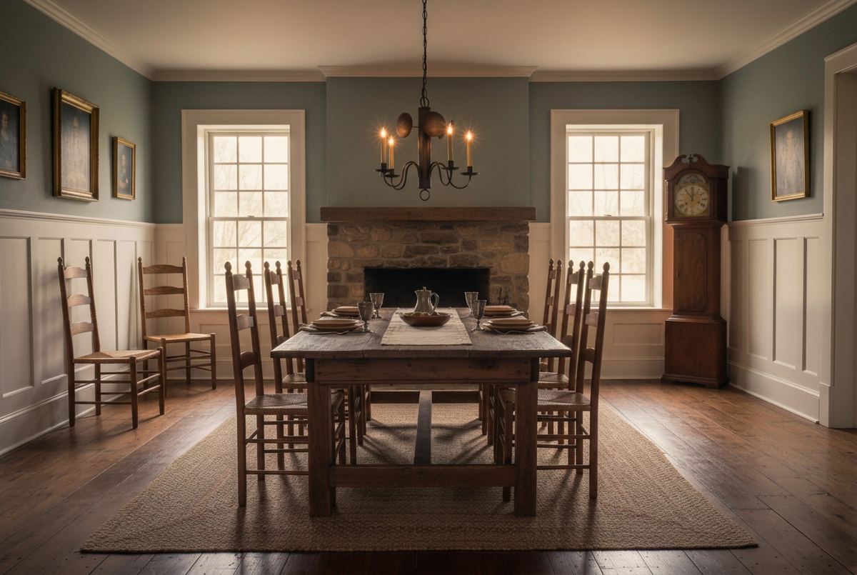 Dining room with wooden table and chairs, fireplace, and grandfather clock.