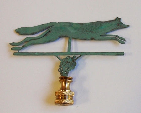 A verdigris lamp finial in the shape of a fox with a grapes motif, featuring a green copper body and gold-colored base.