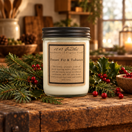 A 1105 Candle jar candle labeled 'Fraser Fir & Tobacco' sits on a rustic wooden table surrounded by pine branches, holly leaves, and red berries, with a softly blurred warm indoor background.