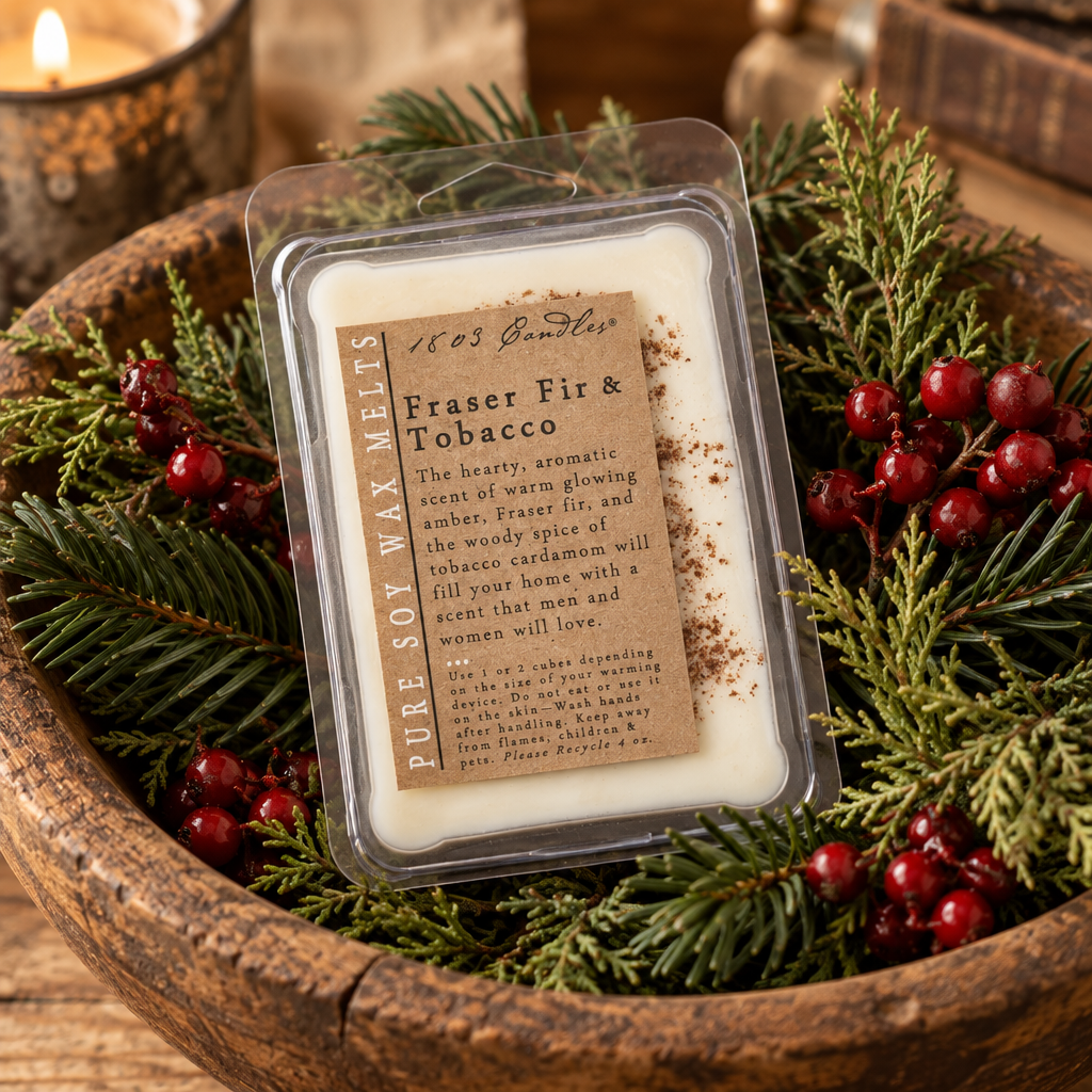 A packaged soy wax melt labeled 'Fraser Fir & Tobacco' by 1603 Candle Co., placed in a rustic wooden bowl surrounded by evergreen branches and red berries.