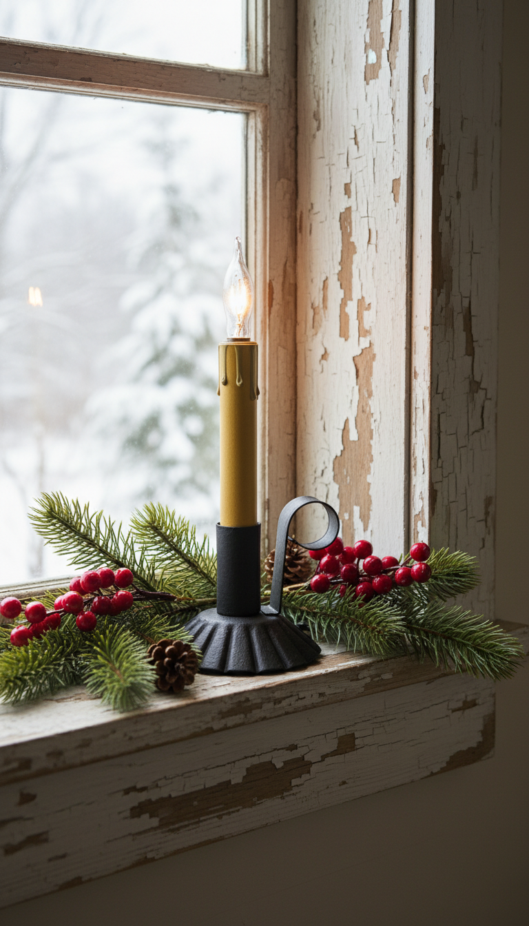 Candle with greenery on a windowsill with a snowy outdoor view.
