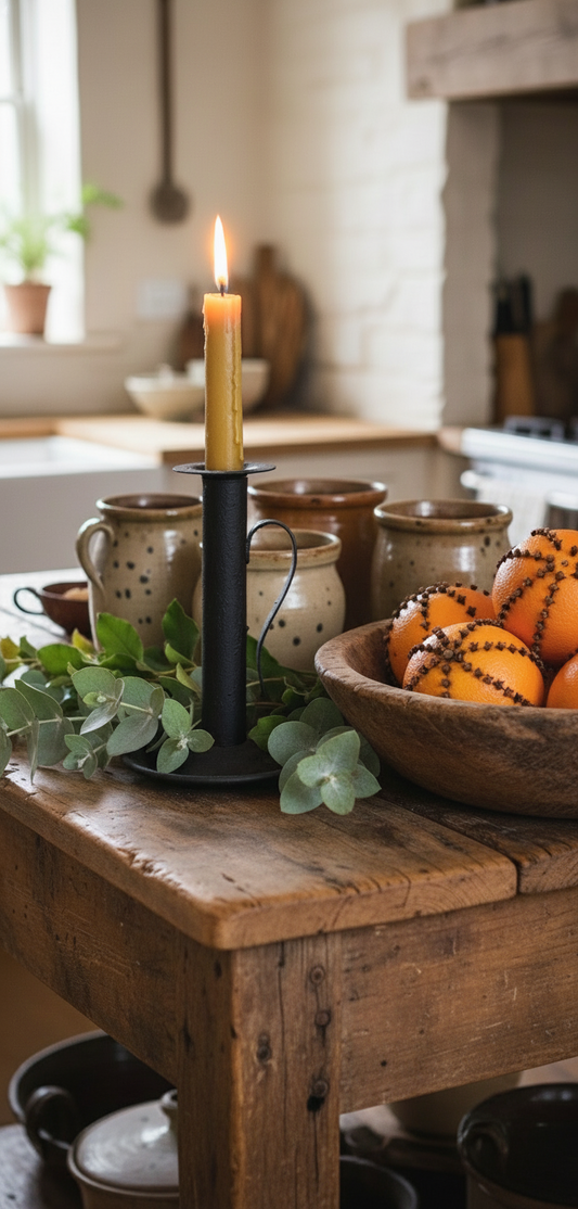 Candle on a rustic wooden table with pumpkins and mugs in a kitchen setting