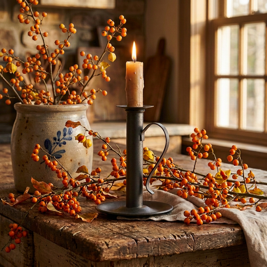 Gathering room candle holder with fresh bittersweet and stoneware crock.