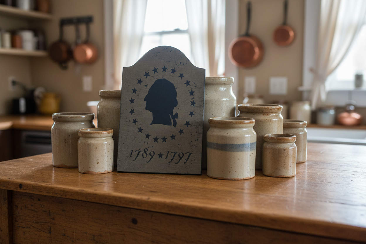 Collection of ceramic jars on a wooden surface with a decorative sign in a kitchen setting.