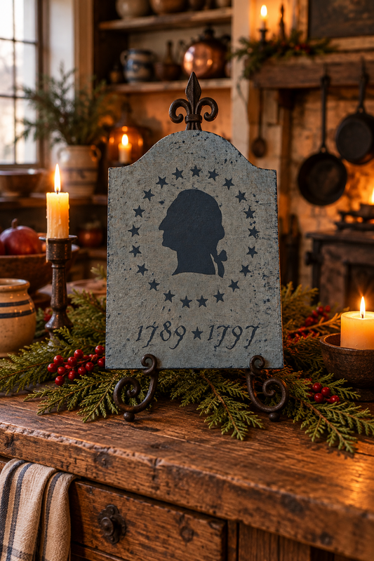 A decorative tombstone-style sign with a black silhouette profile, stars, and the dates 1789 and 1797, displayed on a rustic wooden table in a warmly lit cabin interior with candles, greenery, and pottery.
