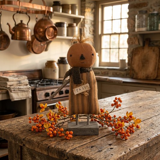 Gertrude primitive pumpkin doll on primitive kitchen island with fresh bittersweet